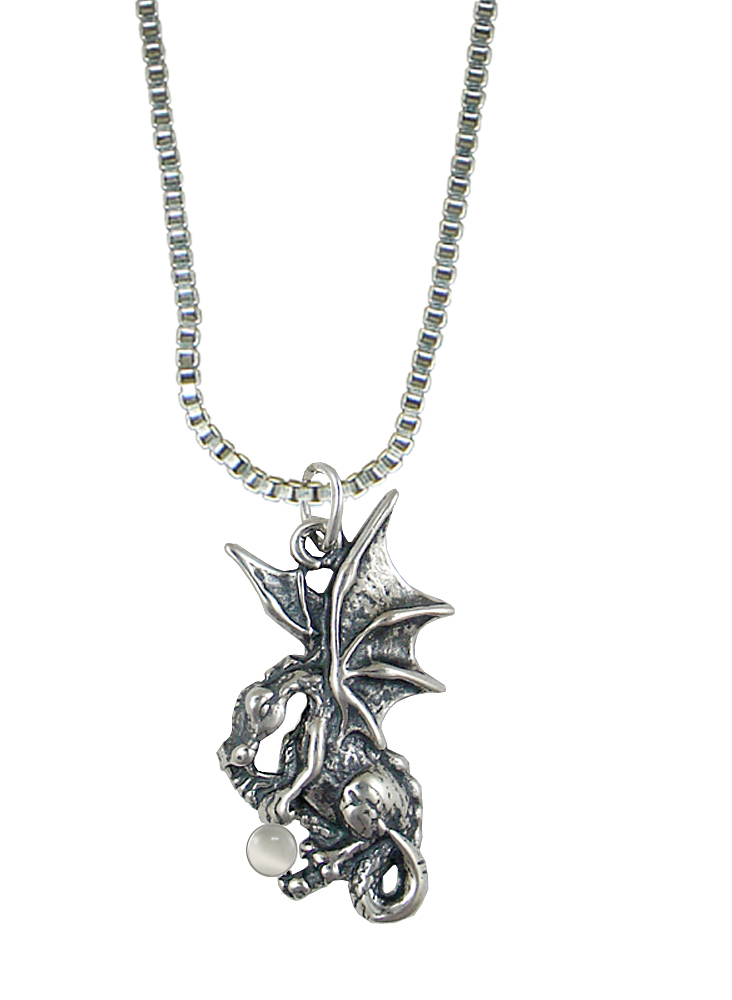 Sterling Silver Playful Dragon Pendant With White Moonstone